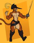  absurd_res anthro ayden_feuer belt boots boots_only clothing domestic_cat felid feline felis footwear footwear_only fur fur_markings hat headgear headwear hi_res looking_at_another male mammal markings melee_weapon mostly_nude muscular muscular_male puss_in_boots puss_in_boots_(dreamworks) puss_in_boots_(film) puss_in_boots_2 rapier smile solo solo_focus sword thick_thighs weapon 