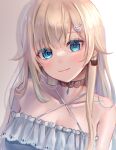  1girl aizawa_ema bangs bare_shoulders blonde_hair blue_eyes camisole choker commentary_request criss-cross_halter halterneck head_tilt highres long_hair looking_at_viewer reityana smile solo upper_body vspo! 