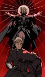  3boys armor black_armor black_cape blonde_hair book cape closed_mouth darth_vader death_star father_and_son helmet kylo_ren looking_at_another luke_skywalker multiple_boys pydiyudie red_background religion star_wars uncle_and_nephew 