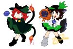  2girls animal_ears arm_cannon bell bow cat_ears cat_tail cosplay fire flame flame-tipped_tail foreshortening furukawa_(yomawari) green_bow kaenbyou_rin komeiji_koishi komeiji_koishi_(cosplay) komeiji_satori komeiji_satori_(cosplay) multiple_girls multiple_tails red_hair reiuji_utsuho tail touhou weapon 