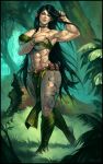  1girl abs biceps black_hair breasts elf forest highres jan_rockitnik large_breasts long_hair midriff muscular muscular_female nature navel pointy_ears solo tattoo warhammer_fantasy 