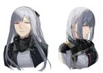  2girls ak-12_(girls&#039;_frontline) bangs black_bow blunt_bangs bow cape closed_mouth commentary_request girls&#039;_frontline grey_hair hair_bow hair_over_shoulder head_tilt headset highres long_hair looking_at_viewer mask mask_around_neck medium_hair mik_blamike mouth_mask multiple_girls open_mouth parted_bangs parted_lips pink_eyes purple_eyes rpk-16_(girls&#039;_frontline) sidelocks simple_background staring tactical_clothes teeth white_background 