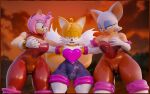  3d_(artwork) amy_rose anthro canid canine chiropteran clothing digital_media_(artwork) eulipotyphlan female fox glistening glistening_clothing group hedgehog hi_res latex looking_at_another looking_at_viewer male male/female mammal miles_prower rouge_the_bat rubber rubber_clothing rubber_suit sega sonic_the_hedgehog_(series) tailsltx translucent translucent_clothing trio 