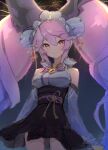  1girl bangs bell blue_hair bow breasts cleo_(dragalia_lost) closed_mouth commentary cowboy_shot dated dragalia_lost fireworks fish_hair_ornament gradient_hair hair_bell hair_bow hair_ornament highres japanese_clothes kimono large_breasts light_blush looking_at_viewer multicolored_hair night punished_pigeon purple_eyes purple_hair signature smile solo twintails watermark yukata 
