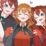  blue_eyes braid brown_hair closed_eyes double_arm_hug emma_verde freckles green_eyes hair_ornament hairclip happy heart highres konoe_haruka konoe_kanata long_hair love_live! love_live!_nijigasaki_high_school_idol_club monowe one_eye_closed smile twintails white_background 