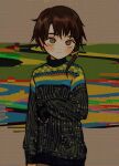  1girl asymmetrical_hair bangs blush brown_eyes brown_hair closed_mouth expressionless hair_ornament io_(onisarashi) iwakura_lain jean_paul_gaultier_(brand) long_sleeves looking_at_viewer multicolored_background multicolored_sweater serial_experiments_lain single_sidelock sleeves_past_wrists solo sweater turtleneck turtleneck_sweater upper_body x_hair_ornament 