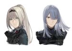  2girls ak-15_(girls&#039;_frontline) an-94_(girls&#039;_frontline) aqua_eyes bangs blonde_hair closed_mouth exoskeleton from_side girls&#039;_frontline grey_hair hair_over_one_eye head_tilt headgear highres long_hair looking_at_viewer looking_to_the_side mask mask_around_neck mik_blamike multiple_girls open_mouth parted_bangs parted_lips ponytail purple_eyes radio sidelocks signature simple_background tactical_clothes teeth very_long_hair white_background 