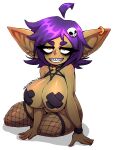  absurd_res big_breasts braces breasts clothing ear_piercing ear_ring female fishnet fishnet_legwear freckles goblin green_body hair hi_res humanoid legwear nipple_tape not_furry pasties piercing purple_hair ring_piercing sharp_teeth short_stack solo tape teeth twistingtoxic 