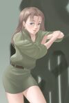  1girl blue_eyes breasts brown_hair cleavage closed_mouth dress earrings extra jewelry kkzk61539201 long_hair looking_at_viewer skirt smile solo street_fighter street_fighter_ii_(series) 