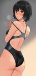  1girl amagami ass bangs black_hair black_one-piece_swimsuit blush breasts commentary_request competition_swimsuit from_behind highres looking_at_viewer medium_breasts nanasaki_ai one-piece_swimsuit short_hair smile solo sweatdrop swimsuit yoo_tenchi 