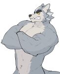 2022 anthro biceps big_muscles canid canine canis clenched_teeth crossed_arms eyebrows fur hi_res jrjresq male mammal muscular muscular_anthro muscular_male navel nude pecs simple_background solo teeth tuft vein were werecanid werecanine werewolf white_background wolf 