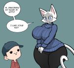  anthro big_breasts big_butt breasts butt domestic_cat duo felid feline felis female hayakain huge_breasts huge_butt human kitty_(hayakain) male mammal nekokai speech_bubble text thick_thighs wide_hips 