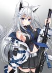  1girl absurdres animal_ears bangs blue_eyes blush breasts fox_ears gradient gradient_background grey_background hair_ornament highres holding holding_weapon kakeloser katana long_hair looking_at_viewer navel open_mouth original simple_background skirt solo sword thighhighs weapon white_hair 