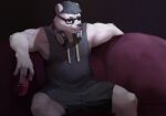  anthro awaldkize beverage black_clothing black_hair black_topwear can cheek_tuft clothed clothing coca-cola container facial_tuft front_view fur glistening glistening_eyes grey_eyes hair headphones headphones_around_neck hi_res holding_can holding_container holding_object male mammal mouth_closed overweight overweight_anthro overweight_male polar_bear sitting solo spread_legs spreading topwear tuft unsigned ursid ursine white_body white_fur 