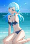  1girl absurdres beach bikini blue_eyes blue_hair blush braid breasts butterfly_hair_ornament commission crescent crescent_pin hair_ornament highres indie_virtual_youtuber long_hair looking_at_viewer navel oemmnn open_mouth sitting skeb_commission smile solo sparkle sunlight swimsuit tsukino_diana virtual_youtuber water water_drop waves wet 