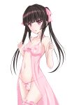  1girl bangs black_hair blunt_bangs blush bow bow_panties breasts bridal_garter cameltoe collarbone eyelashes frilled_nightgown hair_ribbon hands_up highres kirakiriya lingerie long_hair looking_at_viewer navel nightgown nipple_cutout nippleless_clothes nipples open_clothes open_mouth panties pink_eyes pink_nightgown pink_panties pink_ribbon ribbon senki_zesshou_symphogear simple_background small_breasts solo stomach string_panties thighs tsukuyomi_shirabe twintails underwear white_background 