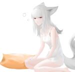 1girl alternate_costume animal_ears arknights breasts cuo_cuo_yu_lian fox_ears fox_girl fox_tail frostleaf_(arknights) grey_hair long_hair looking_at_viewer pillow red_eyes simple_background sitting sleep_bubble small_breasts solo strap_slip tail tank_top white_background white_tank_top 