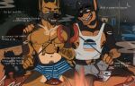  anthro beach body_hair bulge campfire camping canid canine clothed clothing dialogue duo english_text food hand_on_shoulder hot_dog jerro male male/male mammal night nipples outside seaside shirt shirtless tank_top text topwear underwear underwear_only 