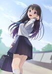  1girl adjusting_hair bag bangs black_hair black_sailor_collar black_skirt blouse blue_neckerchief blue_sky blurry blurry_background breasts chitanda_eru cloud commentary day depth_of_field dutch_angle hand_in_own_hair hand_up highres holding holding_bag hyouka kamille_(vcx68) kamiyama_high_school_uniform kneehighs long_hair long_sleeves looking_at_viewer medium_breasts miniskirt neckerchief open_mouth outdoors pleated_skirt purple_eyes sailor_collar school_bag school_uniform serafuku shirt skirt sky smile socks solo standing straight_hair thighs white_shirt white_socks 