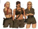  3girls abs ammunition_belt aviator_sunglasses belt black_belt black_gloves black_sports_bra blonde_hair blue_eyes blue_eyeshadow bow bowtie breasts brown_hair brown_shirt cigar cleavage commentary cropped_legs crossed_arms earrings eyepatch eyeshadow fingerless_gloves front-tie_top genderswap genderswap_(mtf) gloves green_pants green_shorts grey_hair gun handgun highres holstered_weapon hoop iba_(kcokaine) jewelry kazuhira_miller large_breasts lipgloss lipstick long_hair makeup mature_female medium_hair metal_gear_(series) metal_gear_solid_v midriff military military_uniform mole mole_under_eye mullet multiple_girls multiple_scars muscular muscular_female one-eyed pants red_gloves red_scarf revolver_ocelot scar scar_on_stomach scarf shirt shorts sleeves_pushed_up smoke smoking sports_bra stud_earrings sunglasses symbol-only_commentary uniform venom_snake weapon yellow_bow yellow_bowtie 