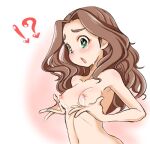  !? 1girl blush breasts brown_hair cum cum_on_body cum_on_breasts green_eyes heart heart-shaped_pupils idolmaster idolmaster_cinderella_girls kusakabe_wakaba navel nipples nude open_mouth small_breasts solo sweat symbol-shaped_pupils upper_body wavy_hair yakou_kino 