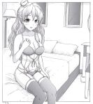  1girl absurdres bed braid breasts bridal_garter cleavage dated french_braid garter_straps greyscale h2_(h20000000) highres kantai_collection lamp large_breasts lingerie long_hair monochrome navel open_mouth outside_border pillow side_braid signature sitting smile solo thighhighs tilted_headwear underwear wavy_hair zara_(kancolle) 