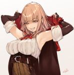  1girl armpits belt blonde_hair breasts corset elbow_gloves eyebrows_hidden_by_hair final_fantasy final_fantasy_brave_exvius fingerless_gloves fuwafuwatoufu gloves grin highres hood hood_down large_breasts little_leela sleeveless smile solo upper_body war_of_the_visions:_final_fantasy_brave_exvius 