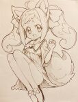  1girl ahoge animal_ears commentary_request copyright_request delicious_party_precure highres kome-kome_(precure) legs looking_at_viewer magical_girl medium_hair mitsuba-sama_(milkba-ng) monochrome open_mouth precure shoes sidelocks solo tail traditional_media twintails 