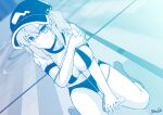  1girl bangs bikini blue_theme blurry blurry_background blush boots bound breasts closed_mouth clothes_lift commentary_request dutch_angle expressionless flat_cap full_body hair_bobbles hair_ornament hat highres jump_rope kagiyama_shachou kawashiro_nitori large_breasts looking_at_viewer medium_hair monochrome shirt shirt_lift sidelocks sitting solo swimsuit touhou two_side_up unlikely_accident wariza 
