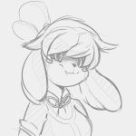  &gt;:3 2019 animal_crossing anthro arteficialtrees bangs black_nose black_sclera blush bust_portrait canid canine canis clothing domestic_dog fangs female grey_background hair hair_bun isabelle_(animal_crossing) mammal monochrome nintendo portrait shih_tzu shirt simple_background sketch smile solo topwear toy_dog video_games 