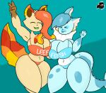  absurd_res anthro big_breasts big_tail bikini bikini_top blep bra breasts clothing duo ear_piercing eeveelution fan_character female female/female generation_1_pokemon generation_4_pokemon hi_res leaf leafeon marine nintendo open_mouth panties piercing pokemon pokemon_(species) raccoonuki raised_arm swimwear text text_on_bra text_on_clothing text_on_underwear thick_thighs tongue tongue_out underwear vaporeon video_games 