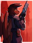 2022 anthro clothed clothing digital_media_(artwork) dragon enginetrap fully_clothed green_eyes gun hi_res holding_gun holding_object holding_weapon looking_at_viewer looking_back looking_back_at_viewer male ranged_weapon red_body red_theme scalie solo weapon western_dragon 