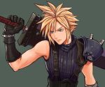 1boy armor bandaged_arm bandages belt black_gloves blonde_hair blue_eyes blue_shirt buster_sword cloud_strife drawing_sword earrings final_fantasy final_fantasy_vii final_fantasy_vii_remake gloves grey_background hair_between_eyes holding holding_sword holding_weapon jewelry looking_to_the_side male_focus over_shoulder shirt short_hair shoulder_armor single_earring sleeveless sleeveless_turtleneck solo spiked_hair suspenders sword turtleneck upper_body uxspwt1u79uz1gu weapon weapon_over_shoulder 