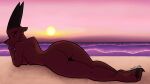  16:9 anthro beach big_butt black_horn black_nose black_sclera bovid breast_squish breasts brown_body butt caprine caprine_demon chipped_ear criminalbunnydraws demon eyelashes feet female goat goat_demon hands_on_chin hi_res horn long_eyelashes looking_at_viewer looking_back lying mammal nude on_front painted_background pink_sky red_eyes sand seaside shaded side_boob slight_smile soft_shading solo squish sunset wave widescreen 