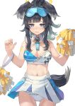  1girl animal_ears arm_tattoo black_hair blue_archive blue_eyes blush breasts cleavage clothes_lift commentary_request cowboy_shot crop_top dog_ears dog_tail frilled_panties frills goggles goggles_on_head halo hibiki_(blue_archive) hibiki_(cheerleader)_(blue_archive) highres holding holding_pom_poms medium_breasts midriff navel panties parted_lips pom_pom_(cheerleading) ponytail rangen sidelocks simple_background skirt skirt_lift solo standing star_tattoo tail tattoo underwear white_background white_panties white_skirt 