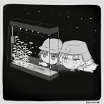  2girls chito_(shoujo_shuumatsu_ryokou) drooling fish fish_tank greyscale helmet long_hair looking_at_another monochrome multiple_girls nuko_(shoujo_shuumatsu_ryokou) open_mouth origami_gyokuo refraction saliva shoujo_shuumatsu_ryokou yuuri_(shoujo_shuumatsu_ryokou) 