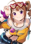  1girl adjusting_eyewear ahoge bangs belt black_choker blue_belt blue_shorts blush breasts brown_hair choker closed_mouth commentary cutoffs denim denim_shorts drill_hair drill_ponytail eyewear_on_head grey_shirt hair_bobbles hair_ornament hand_up heart heart-shaped_eyewear idolmaster idolmaster_million_live! idolmaster_million_live!_theater_days jacket jewelry kamille_(vcx68) leaning_forward long_sleeves looking_at_viewer medium_breasts medium_hair midriff navel necklace off-shoulder_shirt off_shoulder orange_shirt purple_eyes purple_scrunchie red-framed_eyewear scrunchie shirt short_shorts shorts side_drill side_ponytail sidelocks simple_background smile solo star_(symbol) star_necklace suspender_shorts suspenders tank_top thick_eyebrows toggles white_background white_tank_top wrist_scrunchie yellow_jacket yokoyama_nao zipper 
