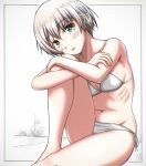  absurdres bikini breasts chromatic_aberration green_eyes grey_hair h2_(h20000000) head_tilt highres hugging_own_legs kantai_collection mixed_media navel outside_border ribs short_hair side-tie_bikini_bottom sitting small_breasts swimsuit traditional_media white_bikini z1_leberecht_maass_(kancolle) 