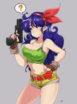  1girl absurdres artist_name bangs bare_shoulders belt blue_eyes blue_hair blush breasts cleavage closed_mouth covered_nipples delux_drawings dragon_ball dragon_ball_z fingerless_gloves gloves grey_background gun hair_ornament hairband hand_on_hip hand_up handgun highres holding holding_weapon large_breasts long_hair looking_away lunch_(dragon_ball) midriff navel shiny shiny_hair shiny_skin short_shorts shorts signature simple_background sleeveless solo stomach weapon 