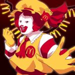  1boy afro ascot clown commentary_request cosplay facepaint flandre_scarlet flandre_scarlet_(cosplay) food french_fries frilled_shirt_collar frills gloves hat hat_ribbon highres looking_at_viewer male_focus mcdonald&#039;s mob_cap open_mouth red_ascot red_background red_eyes red_hair red_ribbon red_shirt ribbon ronald_mcdonald shirt short_hair skemaid smile solo striped striped_shirt touhou upper_body vest white_shirt yellow_gloves yellow_headwear yellow_vest 