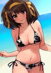  1girl animal_print arms_at_sides bangs bare_shoulders beach bikini blue_sky blush bob_cut bow breasts brown_eyes brown_hair cleavage closed_mouth cloud cloudy_sky collarbone commentary cow_print cowboy_shot dutch_angle hair_between_eyes hair_bow hair_intakes hair_ornament hairband haruhisky highres large_breasts looking_at_viewer medium_hair micro_bikini navel ocean outdoors print_bikini sand side-tie_bottom skindentation sky smile solo standing straight_hair suzumiya_haruhi suzumiya_haruhi_no_yuuutsu swept_bangs swimsuit tongue tongue_out v-shaped_eyebrows yellow_bow yellow_hairband 