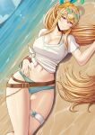  1girl absurdres bangs beach belt bikini blonde_hair breasts cleavage dragalia_lost elisanne eyewear_on_head flower hair_between_eyes hair_flower hair_ornament hand_on_own_stomach highres large_breasts long_hair looking_at_viewer lying navel ocean on_ground on_side ponytail red_eyes saikunartworks sand shirt sidelocks solo sunglasses swimsuit thighs white_shirt 