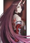  1girl back_tattoo breasts choker corset detached_sleeves fangs gradient gradient_background horns janoukyo19 long_hair looking_at_viewer looking_back oni_horns original purple_hair red_rope rope shoulder_blades sideboob slit_pupils solo tattoo very_long_hair yellow_eyes 