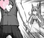  1boy 1girl animal_ears breasts emphasis_lines greyscale h2_(h20000000) heart heart_hands hole_in_chest hole_on_body horse_ears horse_girl horse_tail long_hair medium_breasts medium_skirt mihono_bourbon_(umamusume) monochrome open_mouth pleated_skirt sailor_collar skirt spot_color sweat tail trainer_(umamusume) umamusume 