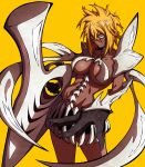  1girl abs absurdres armor bleach blonde_hair bone breasts facial_mark foreshortening gloves green_eyes highres kekel looking_at_viewer outstretched_arm pauldrons serious shoulder_armor simple_background solo sword tier_harribel underboob weapon yellow_background 