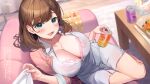  1girl :d bangs beer_can blue_eyes blurry blurry_background blush bra breasts brown_hair cake can chopsticks cleavage collarbone collared_shirt couch dress dress_shirt food highres holding holding_can indoors jacket lace-trimmed_bra lace_trim large_breasts legs_together long_hair looking_at_viewer monoto non-web_source on_couch open_clothes open_mouth open_shirt original pink_bra pink_jacket pink_shirt plate purple_eyes rug shirt sitting smile solo swept_bangs table thighs underwear white_dress white_shirt wooden_floor 