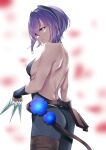  001machi 1girl absurdres ass backless_outfit bare_back black_bodysuit blue_eyes bodysuit breasts commentary_request fate/grand_order fate_(series) hassan_of_serenity_(fate) highres holding holding_knife knife purple_hair short_hair small_breasts solo throwing_knife weapon 