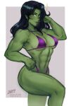  1girl abs arm_up biceps bikini black_hair border breasts colored_skin commentary english_commentary feet_out_of_frame green_eyes green_skin grey_background hand_on_hip iahfy large_breasts long_hair looking_at_viewer marvel muscular muscular_female navel purple_bikini she-hulk simple_background solo swimsuit white_border 