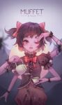  1girl :d absurdres artist_name black_hair bow bowtie bug character_name colored_skin cup dated extra_arms fang grey_background highres muffet one_eye_closed parion pink_skin pouring puffy_short_sleeves puffy_sleeves red_bow red_bowtie short_hair short_sleeves smile spider teacup teapot undertale 