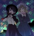  2girls big_dipper black_capelet black_headwear black_skirt blonde_hair breasts brown_eyes brown_hair capelet commentary_request constellation crossed_arms dress fedora happy hat highres katari long_sleeves maribel_hearn medium_breasts mob_cap multiple_girls night night_sky open_mouth parted_lips pink_scarf purple_dress rainbow-colored_septentrion scarf shirt skirt sky touhou usami_renko white_headwear white_shirt yellow_eyes 